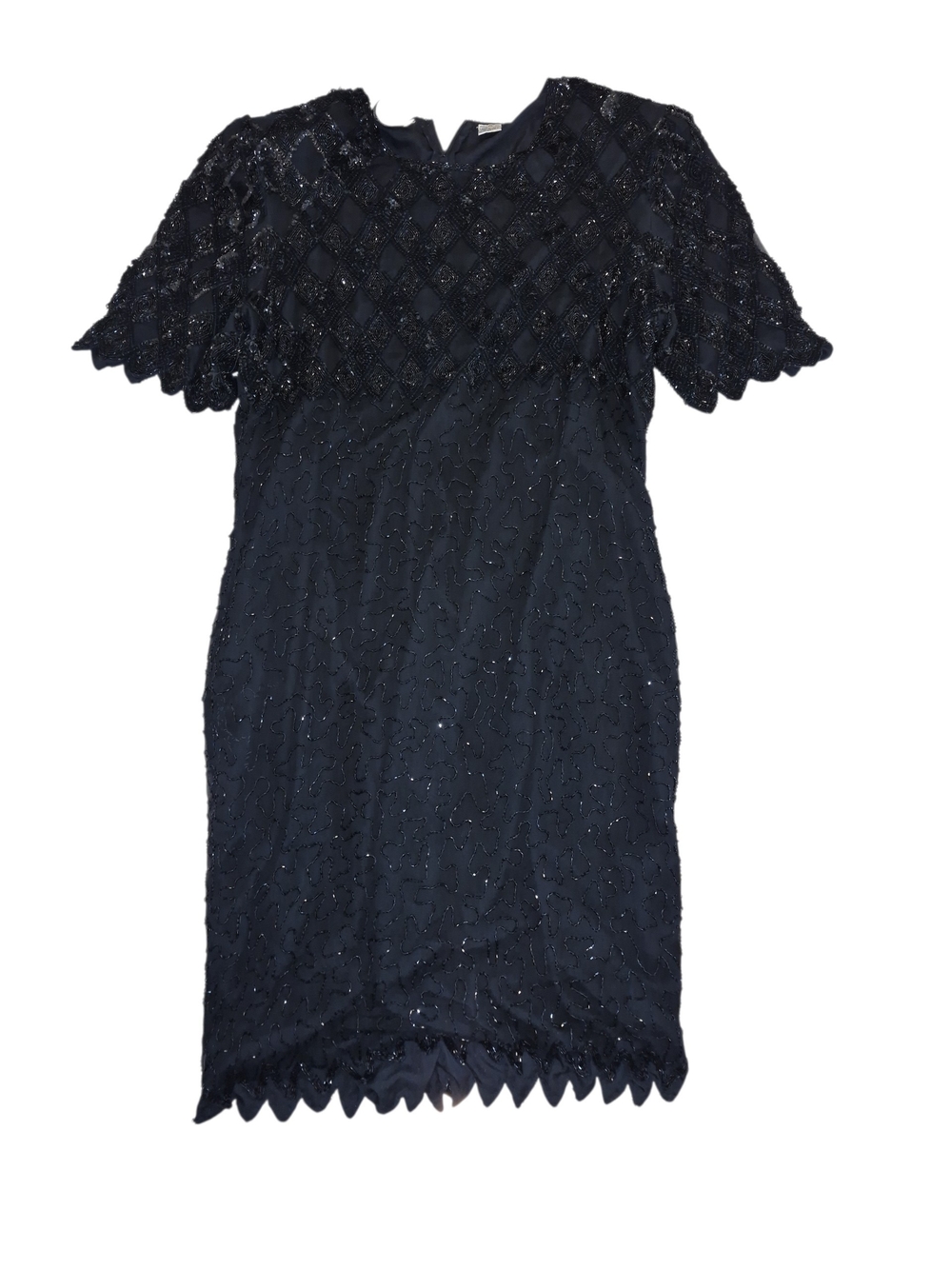Laurence Kazar Black Beaded Scallop-Edge Midi Dress